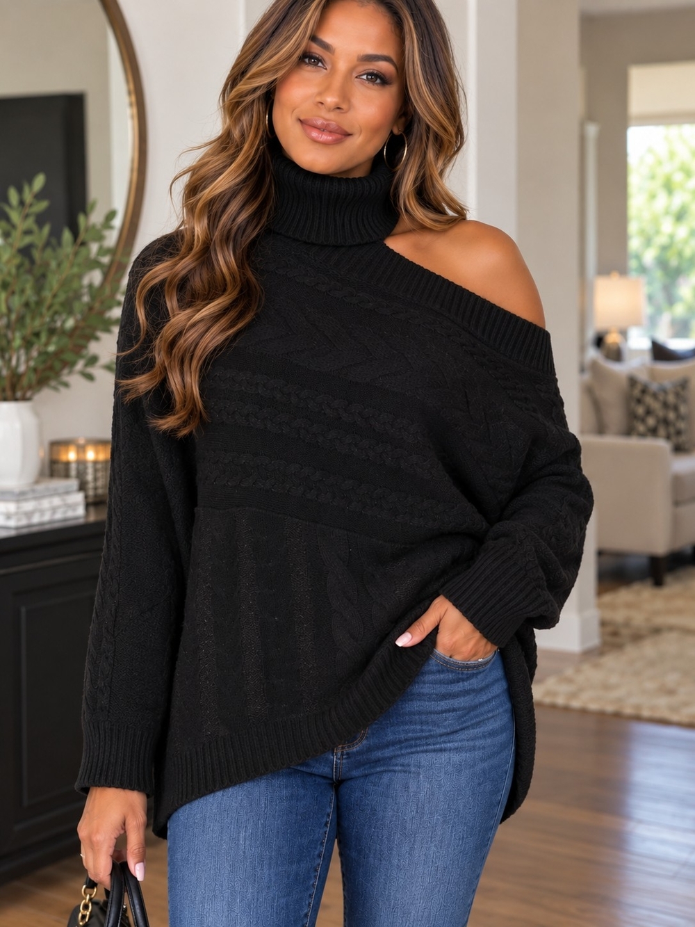 DAVI & DANI Black One-Shoulder Turtleneck Sweater